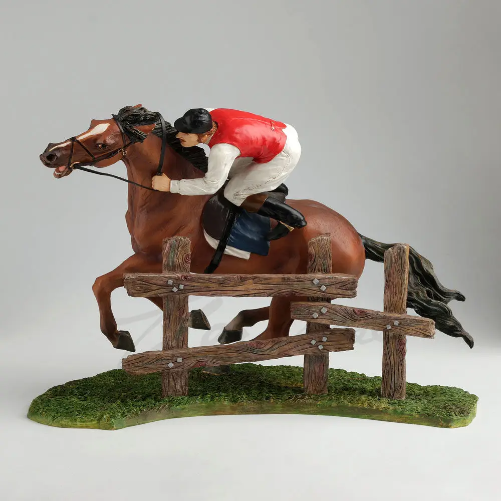 Resin Equestrian Jockey Figurine Racing Horse Jumping Over Fence Statue Home Office Decorative Sculpture Gift for Horse Lovers