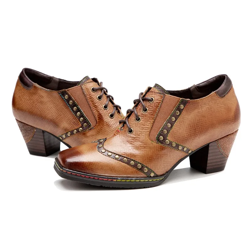 2025 primavera salto alto para mulheres senhoras do escritório retro bombas de festa moda couro genuíno rebite rendas até sapatos de salto médio mulher