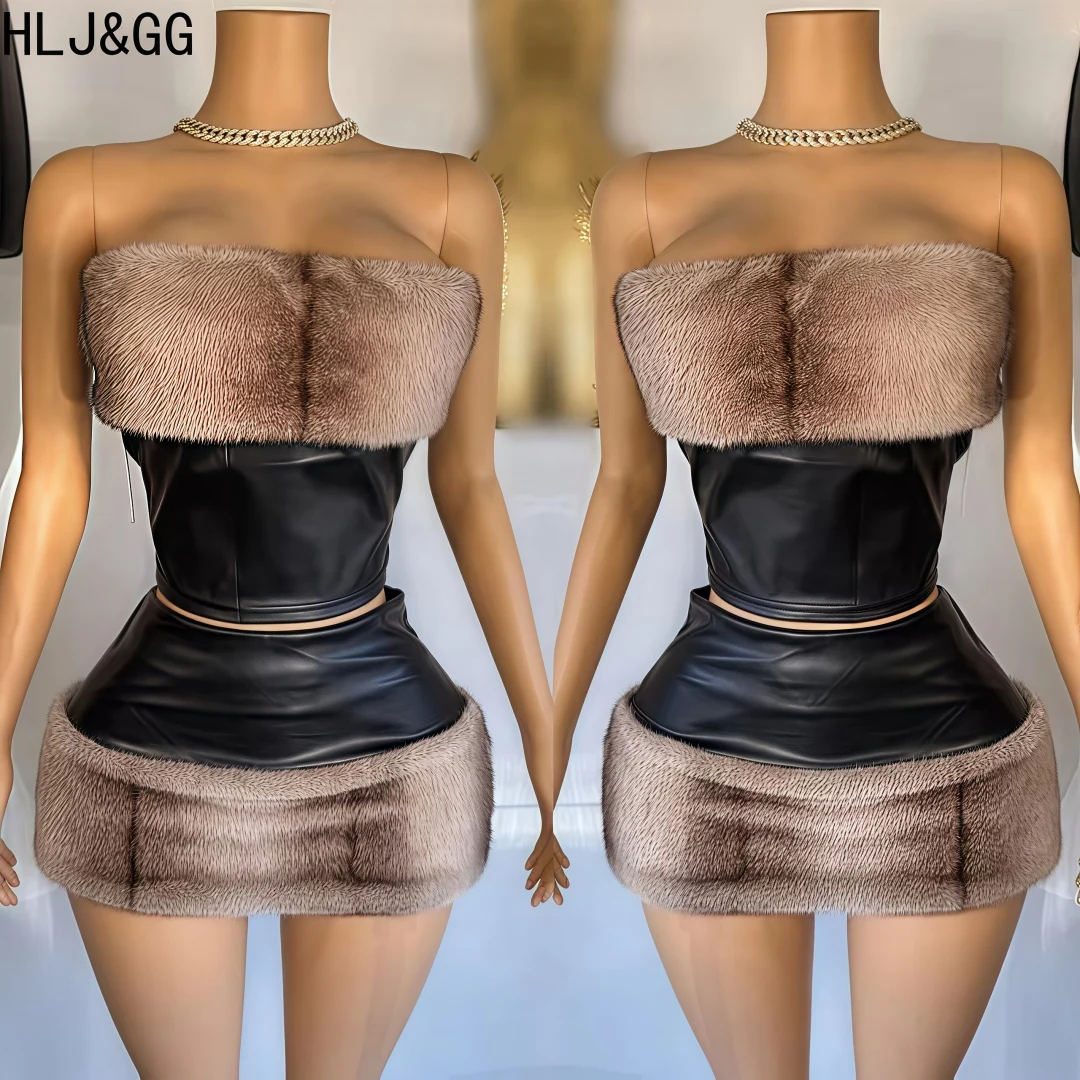 

HLJ&GG Sexy Fur Splicing Hot Girl Streetwear Women Leather Off Shoulder Sleeveless Crop Top + Mini Skirts Two Piece Sets Outfits