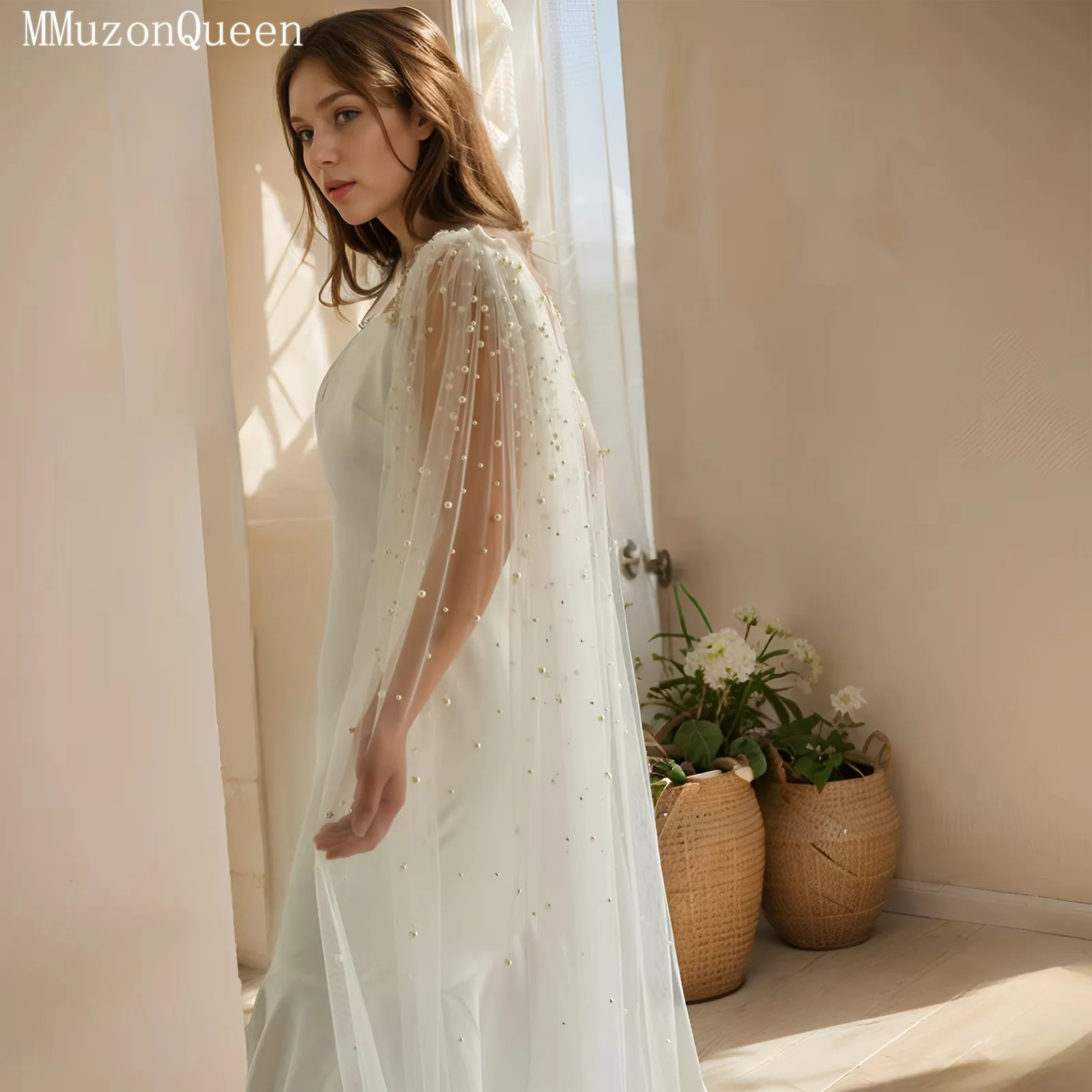 

TOPQUEEN Elegant White Pearl Embellished Bridal Shawls With Floor-Length Sleeves And Pin-Fastened Shoulder Decorations MG72