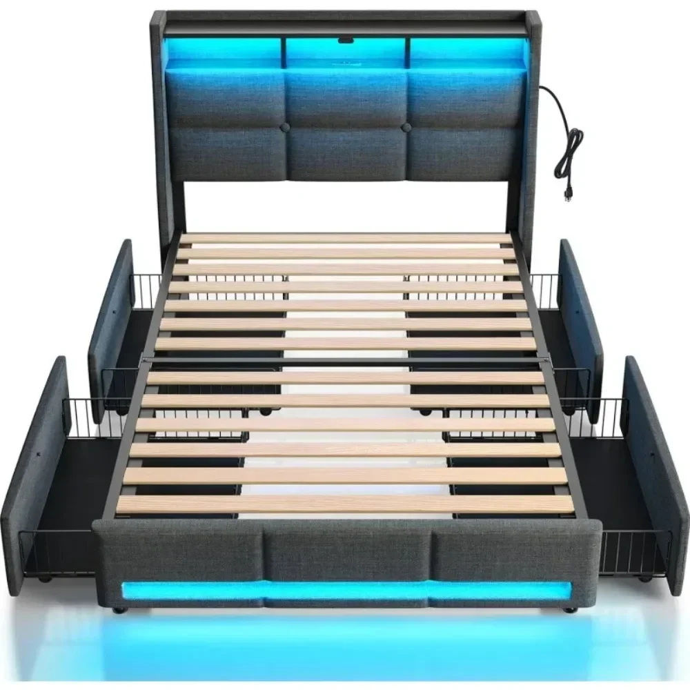 

Twin Size Frame with LED Lights and Charging Station, Upholstered Bed Storage Headboard &Amp; Drawers, Twin Bed