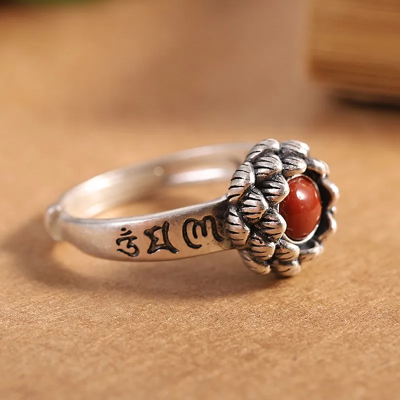 BOCAI New S925 Silver Fashionable Inlaid Red Agate Eight Petal Lotus Women's Ring Vintage Good Luck Jewelry Accessories