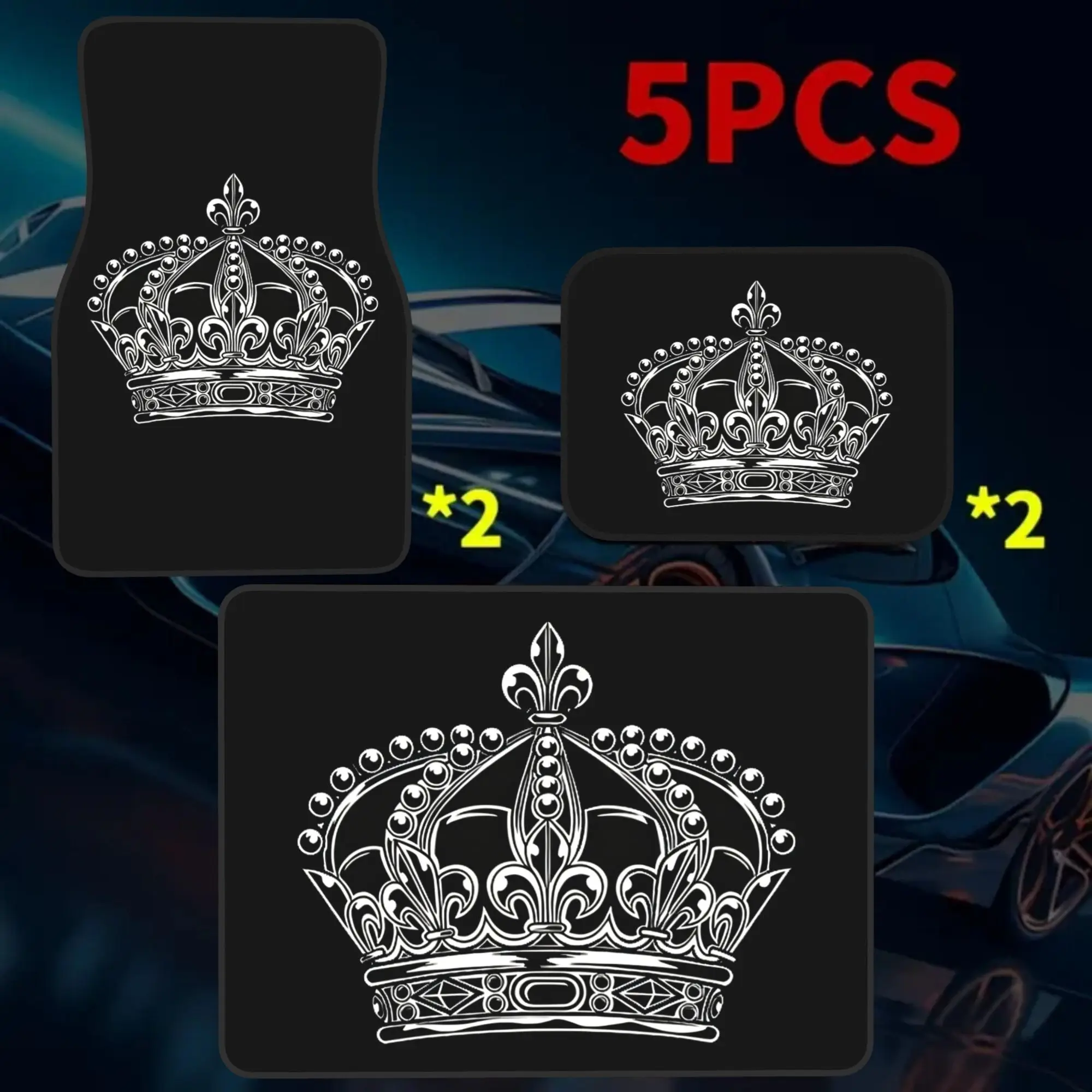 2D Flat 5pcs Gemstone Crown Print 4 Car Floor Mats And 1 Car Trunk Mat Set, Stylish Vehicle Additions, Perfect Gift For Hallowee