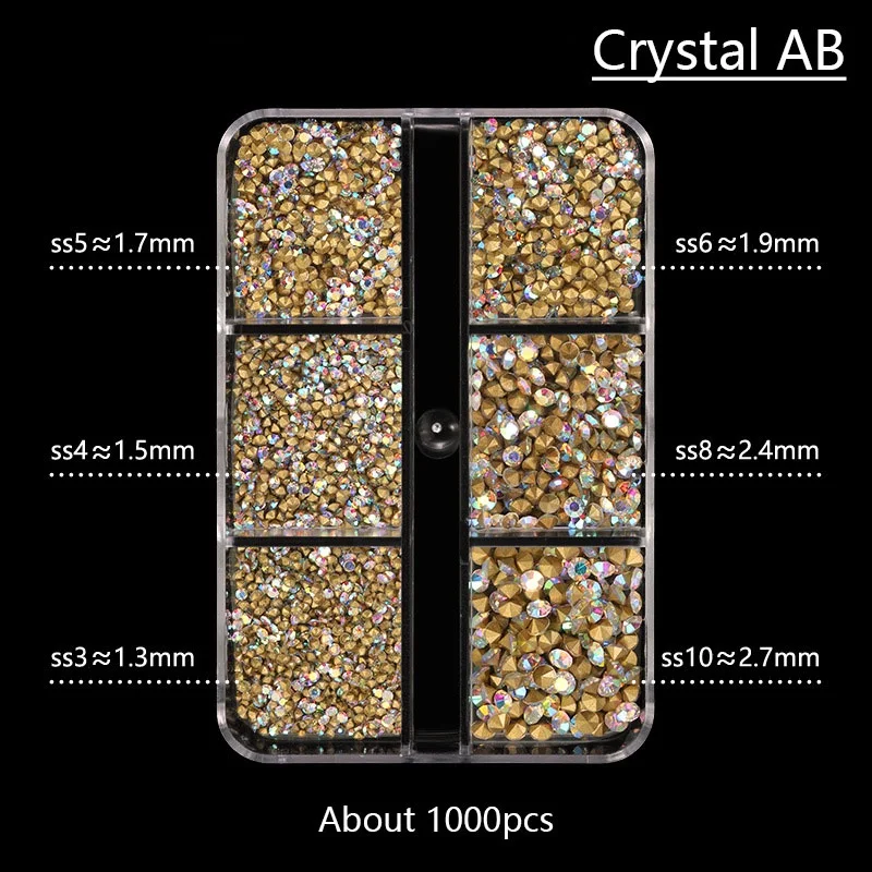 1000 Stück Kristall-Nagelkunst-Strasssteine, superhelle Glas-Glitzersteine mit spitzer Unterseite, verschiedene Größen, Maniküre-Zubehör