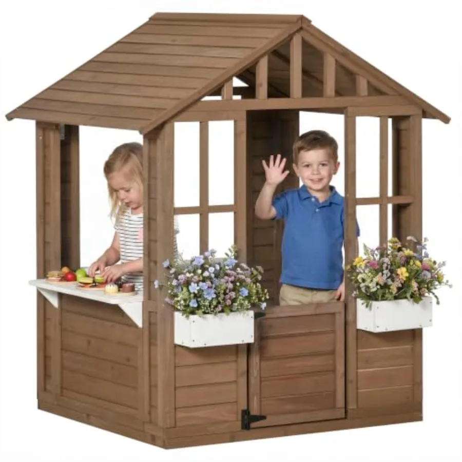 Outdoor wooden playhouse for backyard garden or indoor playroom: brown finish, working door, windows, flower pot holder, imagin
