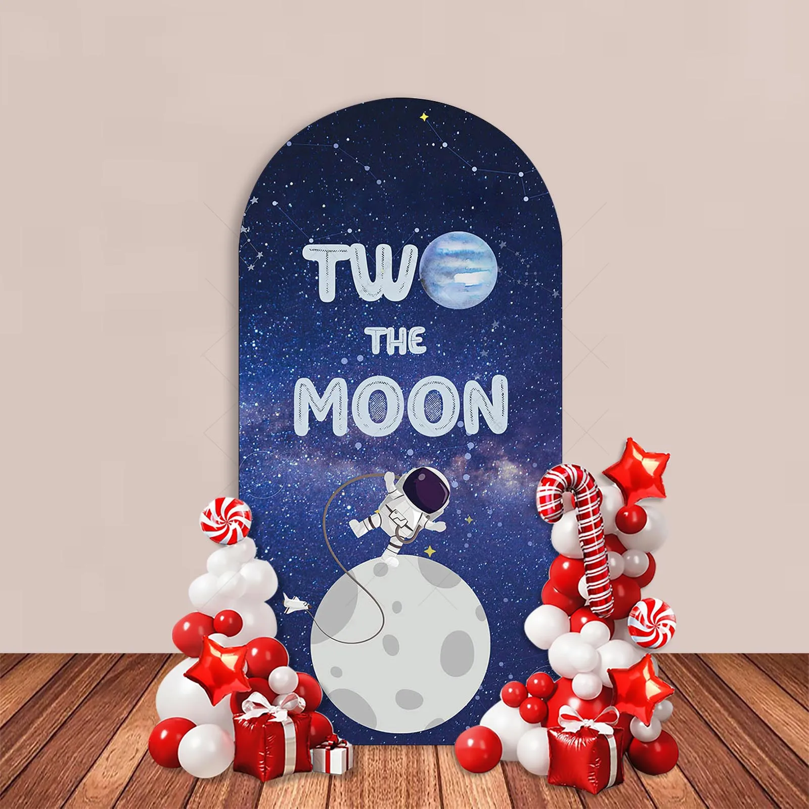 Two The Moon Happy Birthday Arch Backdrop Cover Dark Blue Space Astronaut Planet Adventure Boy 2nd Cake Party Decor Background