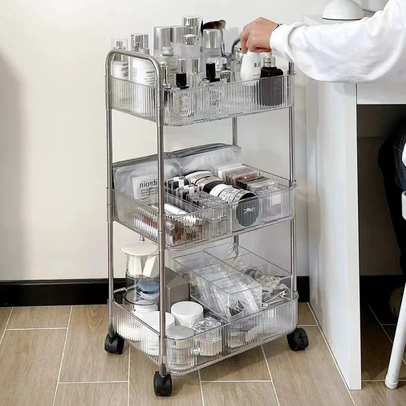 

Kitchen Storage Basket Floor Moving Multi-layer Rack for Snacks Vegetables Transparent Trolley Storage Rack Rolling Cart