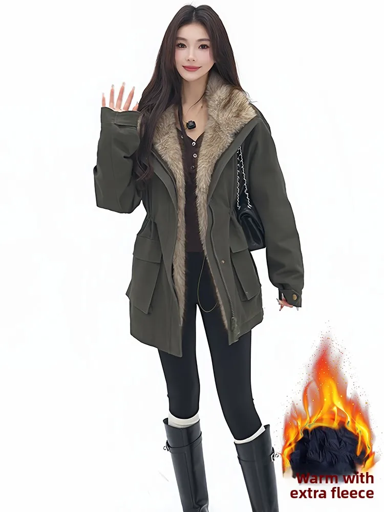 

Faionable ort Cotton Jaet Women's Winter Outerwear Pure Color Fur Collar Patchwork Korean Sle Commute Thiened