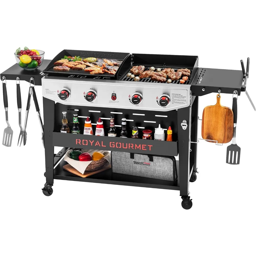 

Комбинированный газовый гриль на пропане с 4 конфорками и сковородкой с приставным столиком, решетками из чугуна с керамогранитой и стальной сковородкой с керамическим покрытием