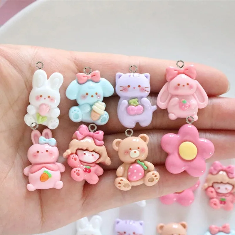 10Pcs Resin Glossy Rabbit Cat Bear Flower Charms, Flatback Animal Pendants For DIY Crafts, Earrings And Keychains