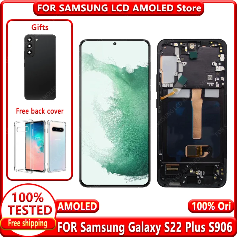 슈퍼 AMOLED 디스플레이 LCD, 터치 스크린 디지타이저 교체, 삼성 갤럭시 S22 플러스 S906 S906B S906U, S22 + 무료 후면 커버