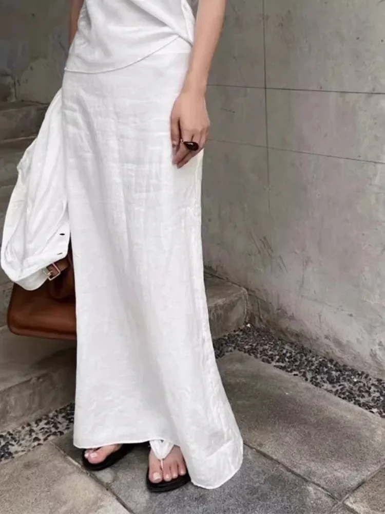 Vintage White Linen Maxi Skirt Straight Cotton High Waisted Split Casual Long Skirts for Women Office Lady Summer Skirt