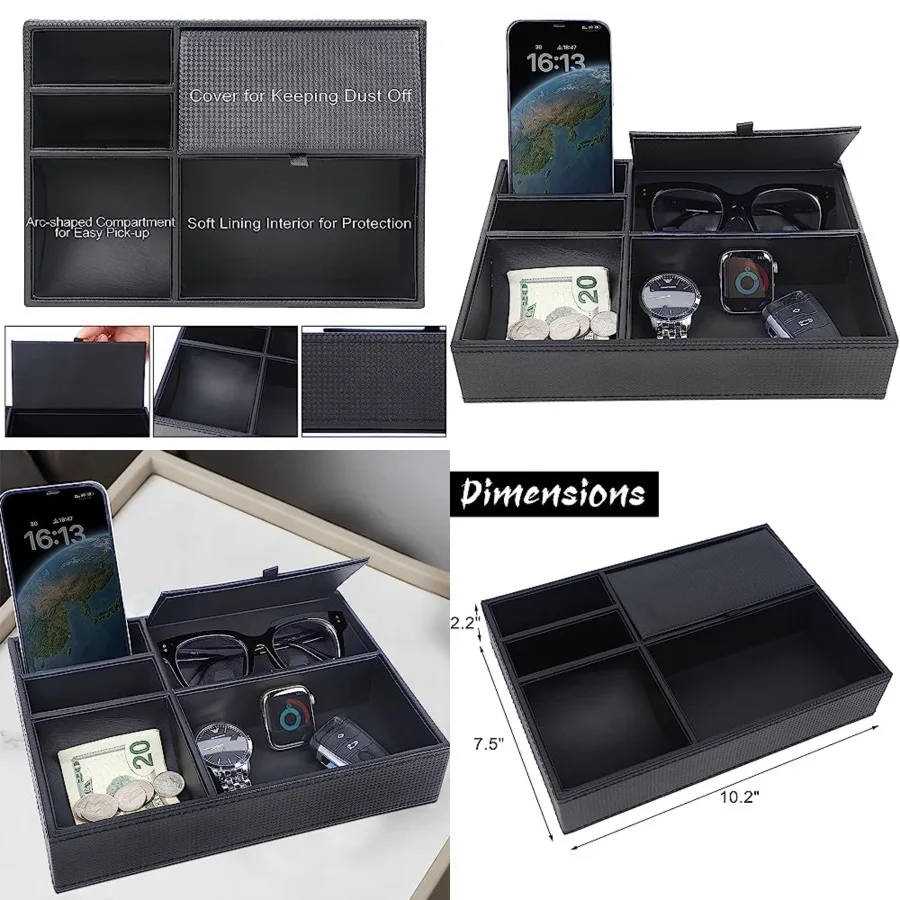 

Men's Valet Tray, Jewelry Box Nightstand Organizer with 5 Compartments for Phone Keys Wallet Watch Glasses, Faux Leather Dresse