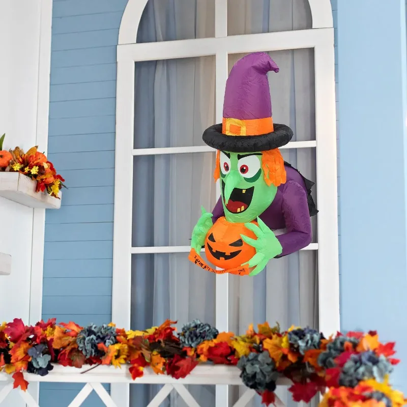 NEW 4.43ft Witch Broke Out From Window Inflatable Decoration Built in LED Light Outdoor Props Blow Up Scary Witch