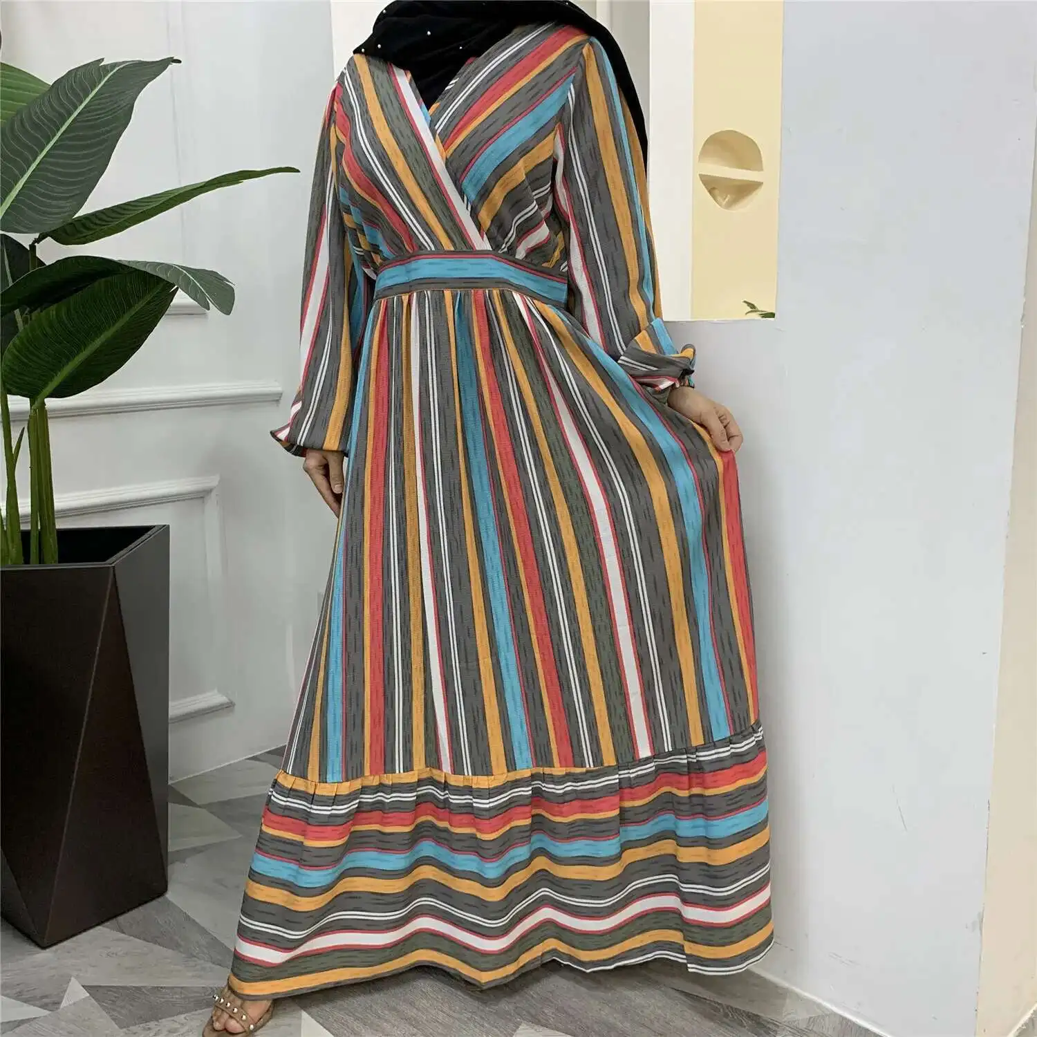 

New Fashionable Muslim Colorful Stripe Printed Dress with Large Pendant Skirt 6333 Robe Abaya Ramadan Dubai Luxury Islam Elegant