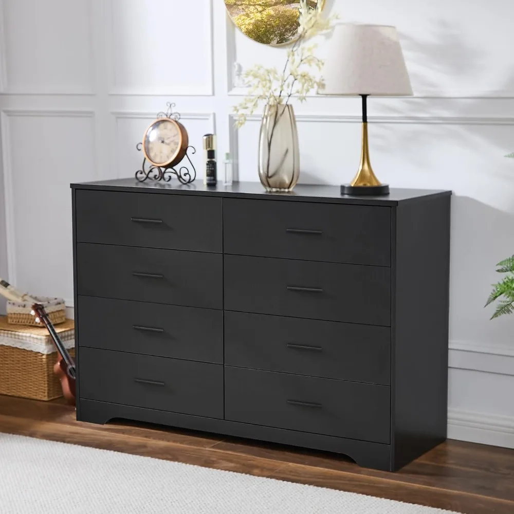 Black Dresser for Bedroom, 8 Drawer Dressers & Chests of Drawers, Modern Wood Dresser, 48 Inches Wide Chest of Drawers for Bedr