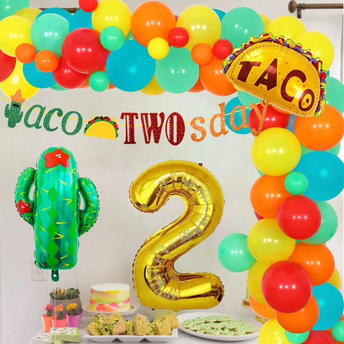 

Cheereveal Mexican Fiesta 2nd Birthday Party Decorations Cactus Balloon Garland Arch Kit Taco Twosday Banner Kids Party Supplies