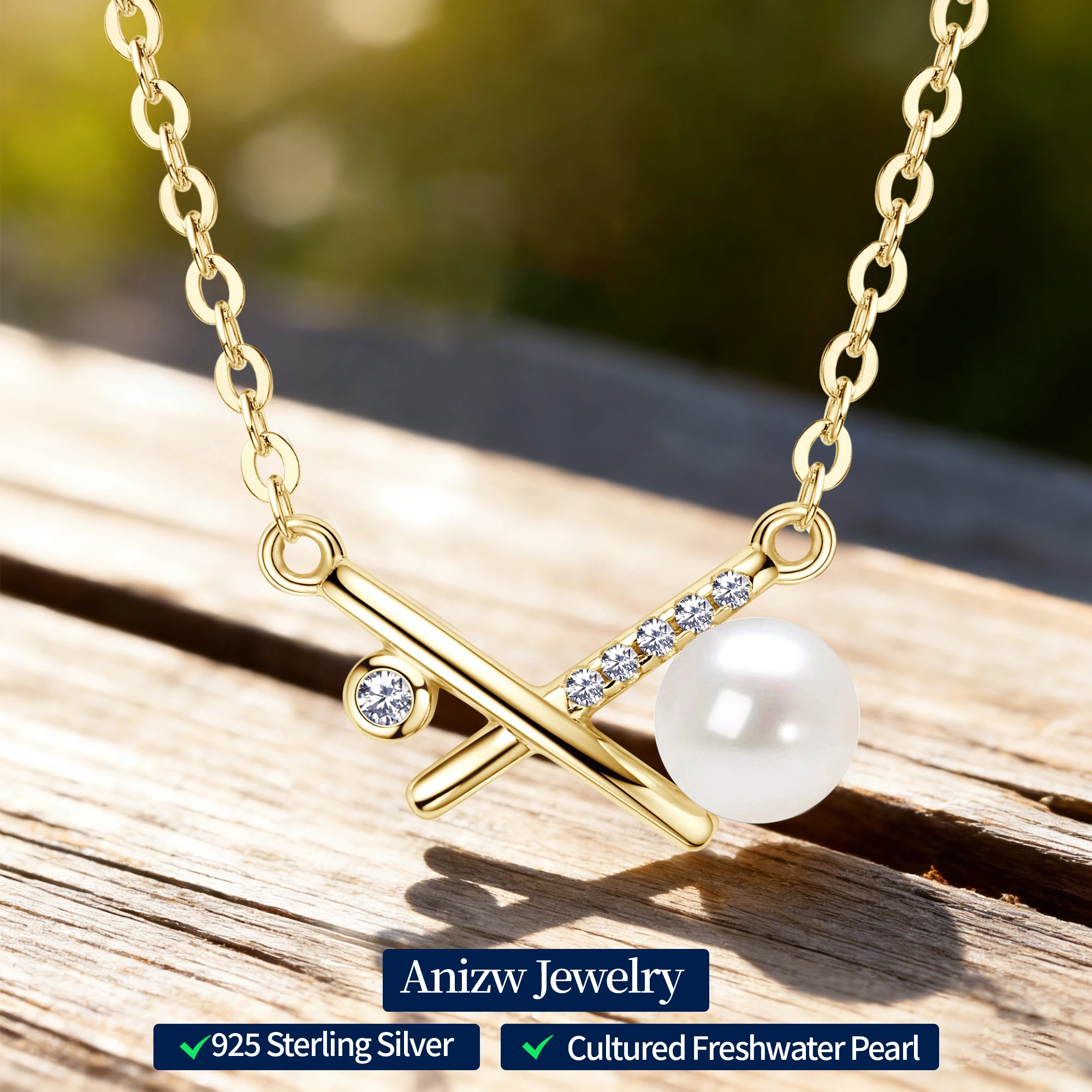 Anziw 925 Sterling Silver X Shape Cross Pearl Pendant Necklace for Women 5-5.5mm Natural Freshwater Pearl Jewelry Valentine Gift