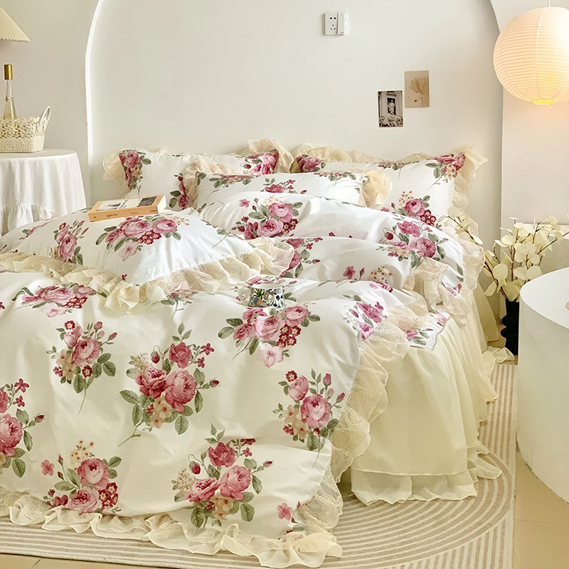 Double Layer Lace Ruffles Korean Princess 100% Cotton Bedding Set Elegant Vintage Rose Floral Duvet Cover Bed Skirt Pillowcases