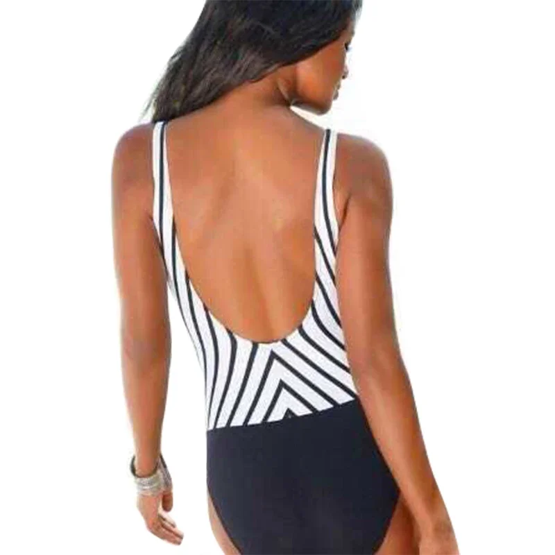 2025 Sexy One Piece Slim Swimwear For Women Striped Ruched Tummy Control Monokini Black Push Up Padded Backless Bathing Suits