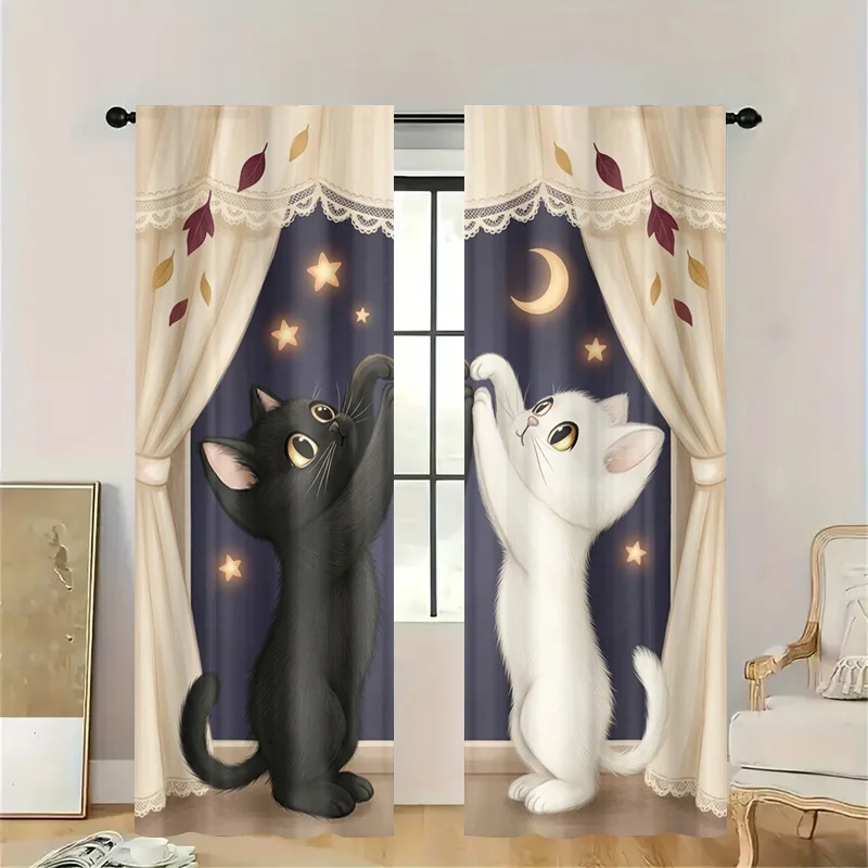 Whimsical Cat Curtain Panels for Bathroom and Kitchen Window Decorative Sheer Translucent Animal Print Home Window Covering Deco