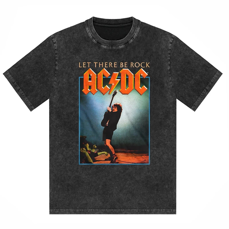 ACDC Band Printed T-shirt Washed Retro Old Short Sleeve Trendy Couple Comfortable Loose Casual Fashion New Men's Clothing image 2