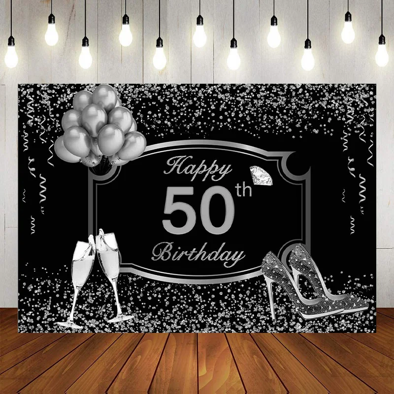 Gold Royal Blue Photography Backdrop Happy Birthday Party Background High Heels Blue Sliver Balloons Pearl Leopard Decor Banner