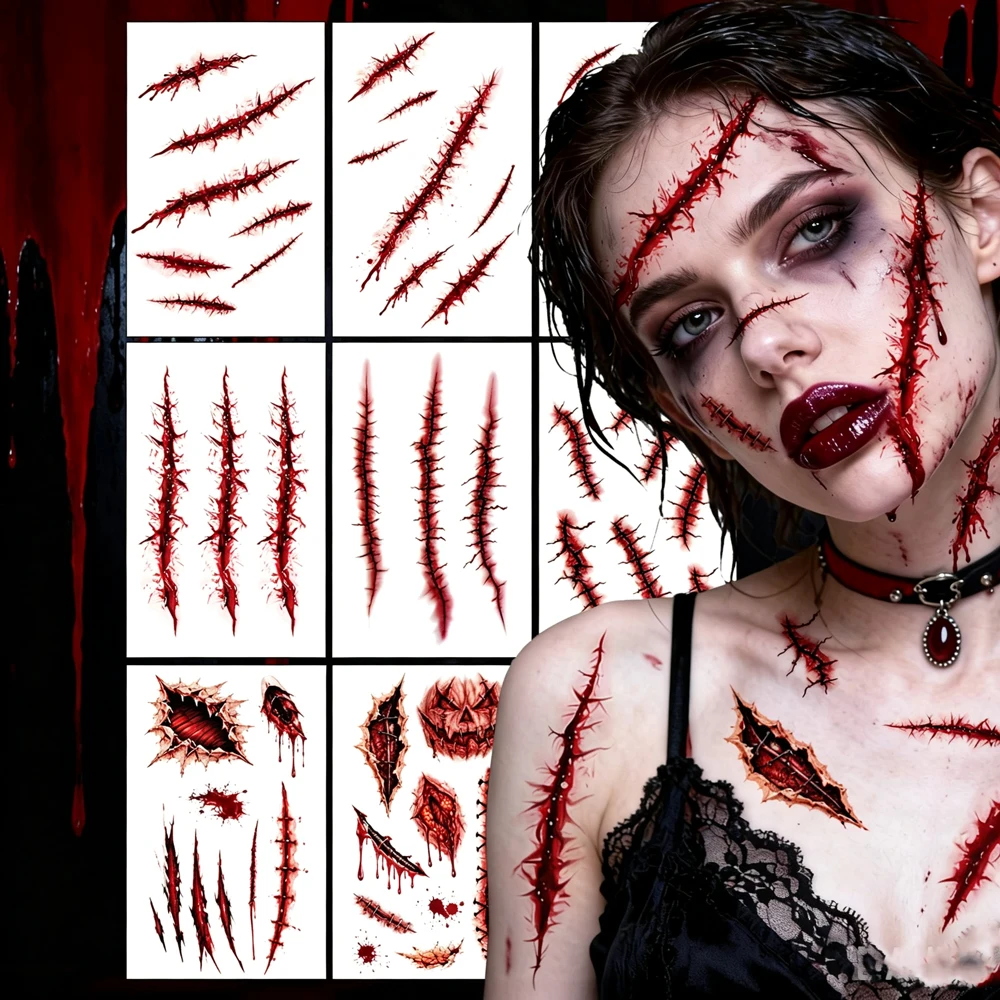 10pcs Halloween Fake Scar Tattoo Stickers Zombie Scar Temporary Tattoos Fake Bloody Wound Stitches Scar Decals for Body Makeup
