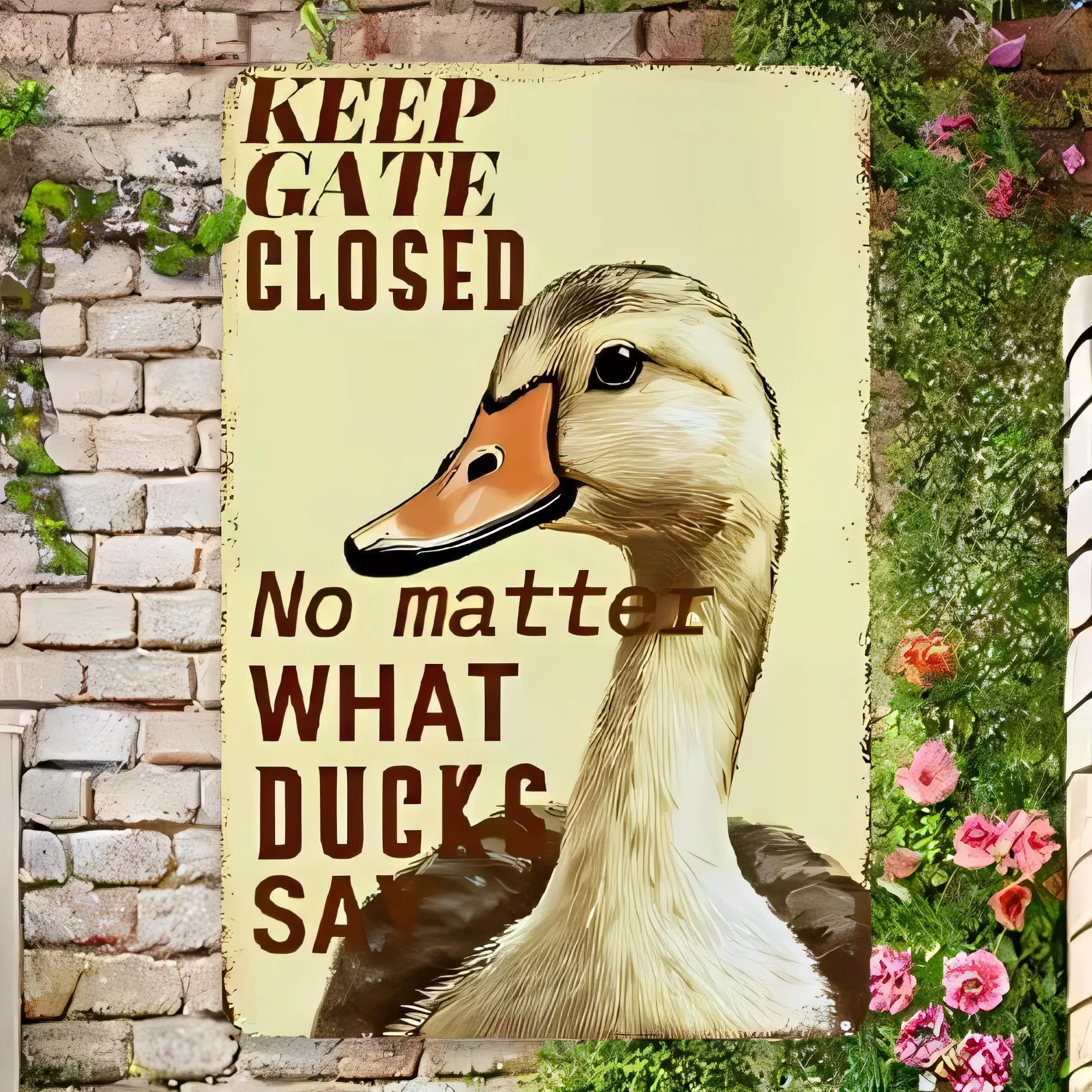 Tin Sign Keep Gate Closed No Matter What Ducks Say Vintage Farmhouse Metal Plaque Poster Wall Decor for Garden Yard Barn Door Sh