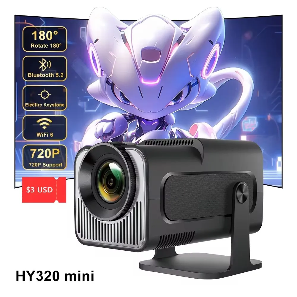 HY320 Mini Projector 4K Android 11 300ANSI Native 720P Dual Wifi6 BT5.2 Cinema Outdoor Portable Projetor Upgrated HY300