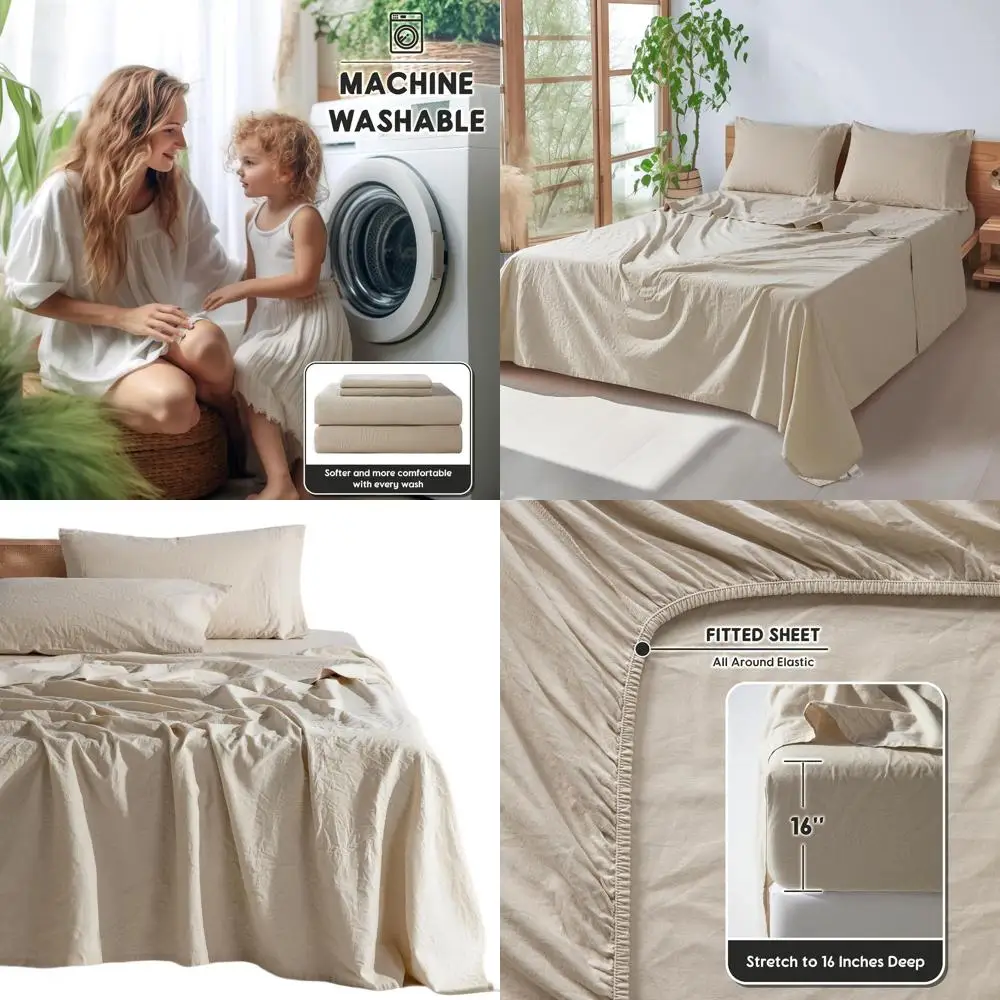 

Комплект постельного белья из чистого льна, размер King Size, дышащий и прочный, устойчивый к разрывам, можно стирать в машине, глубокие карманы 16 дюймов, 4 предмета (натуральный цвет)