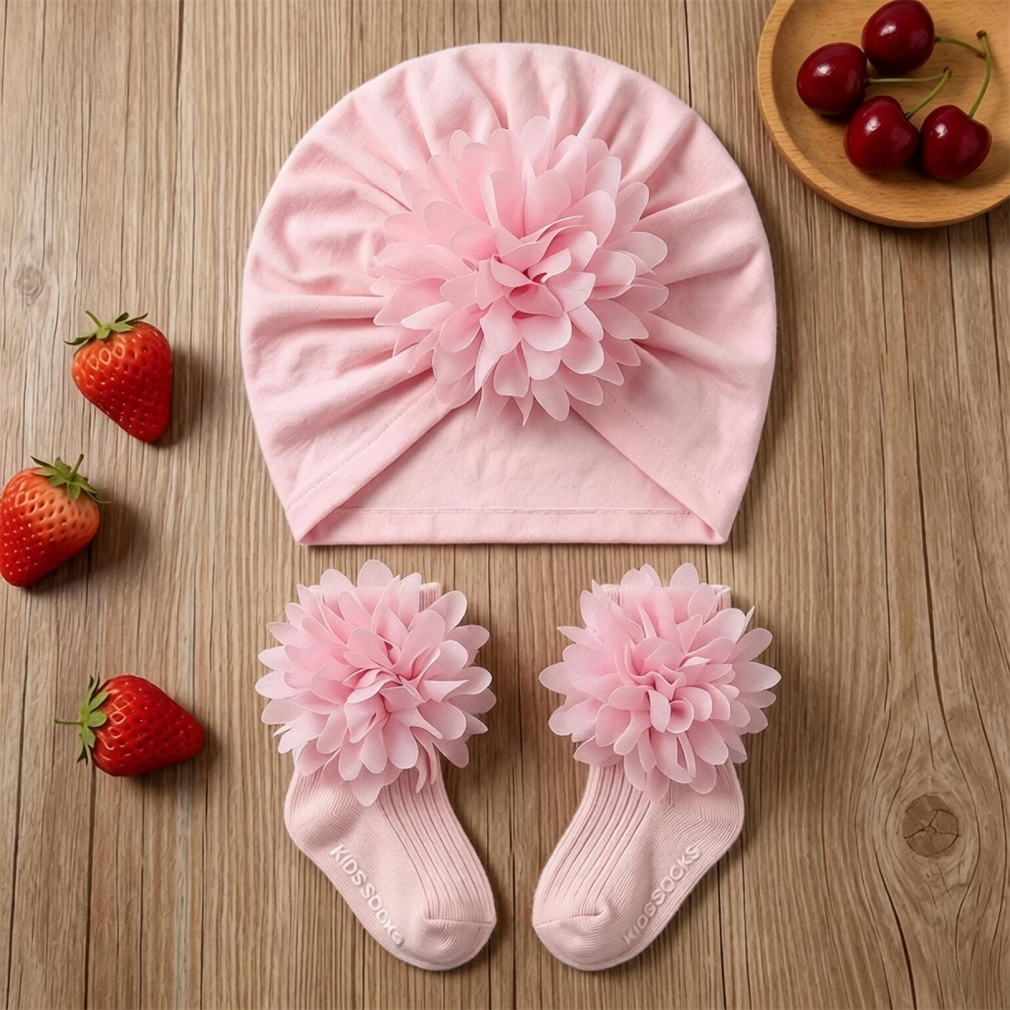Baby Girl Turban Hat and Socks Set Breathable 3D Flowers Newborn Head Wrap