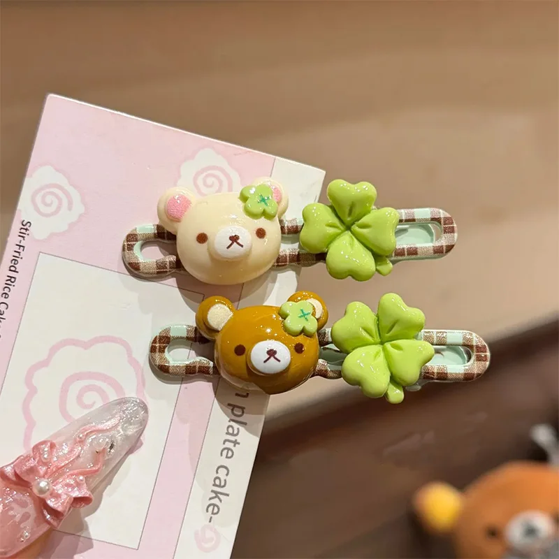 

Japanese Style Rilakkuma Hairpin Cartoon Cute Blue Grid Four Leaf Clover Side Hairpin Student Sweet Hair Accessory Couple Gift