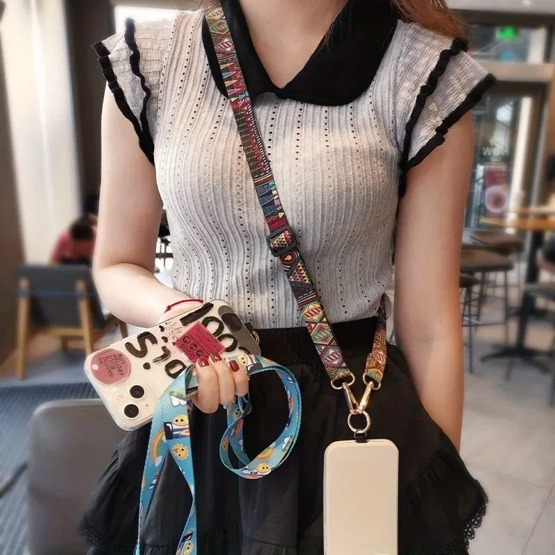 Universal Phone Clip Antilost Retro Pattern Strap Crossbody Long Strap Adjustment Length Hanging Neck Strap Mobile Phone Lanyard