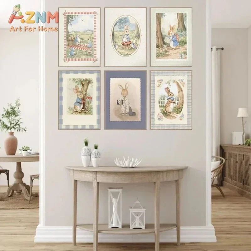 AZNM Beatrix Potter Peter Rabbit Canvas Wall Art, Vintage Watercolor Bunny Print, Unframed Canvas Painting for Baby Nursery Kids