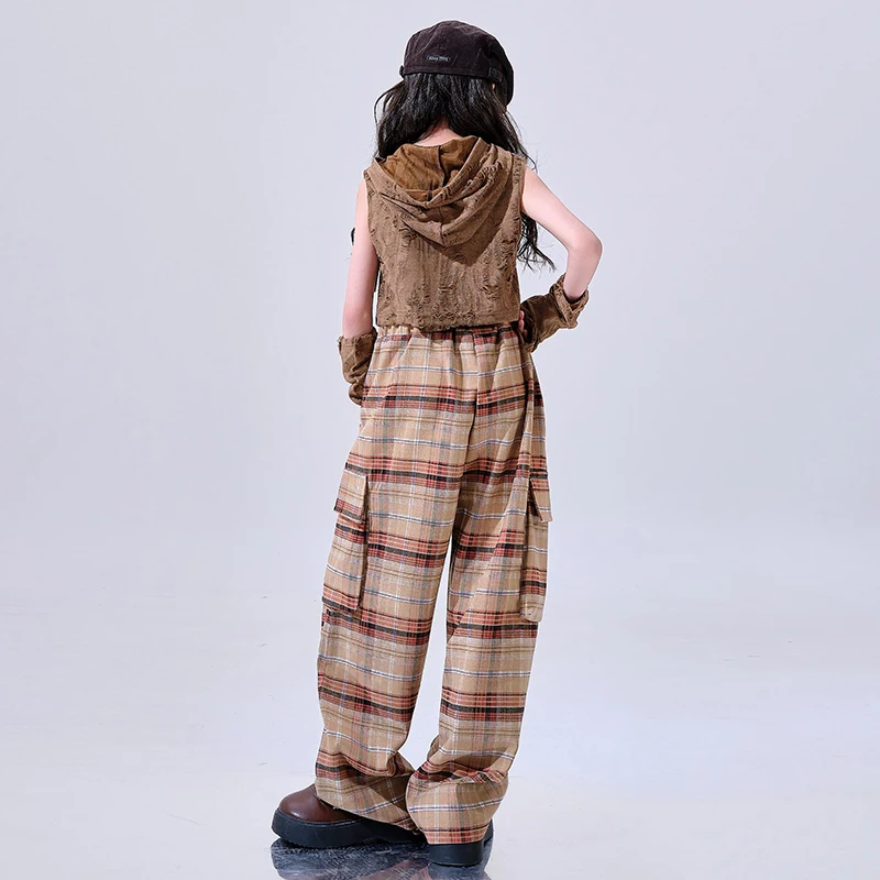 Gothic Style Kpop Clothing Hazz Dance Costume Girls Hooded Navel Tops Checked Pants Street Dance Hiphop Performance Suit BL15745