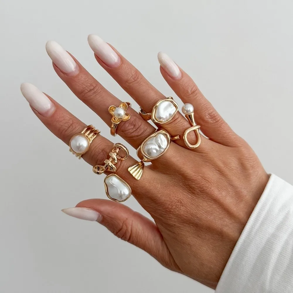 Baroque Imitate Pearl Ring Set Geometric Mold Ins Sweet Cool Tone Metal Ornament Flower Outline Multi Stack Layout