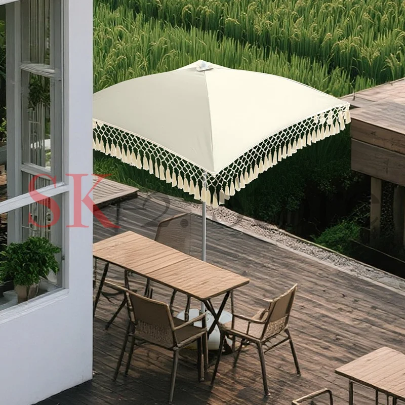 Grid tassel small square umbrella outdoor parasol beach garden courtyard large umbrella stall