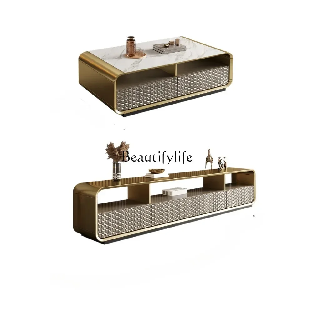 

XX39Italian light luxury TV cabinet coffee table combination modern minimalist living room TV cabinet rock slab solid wood