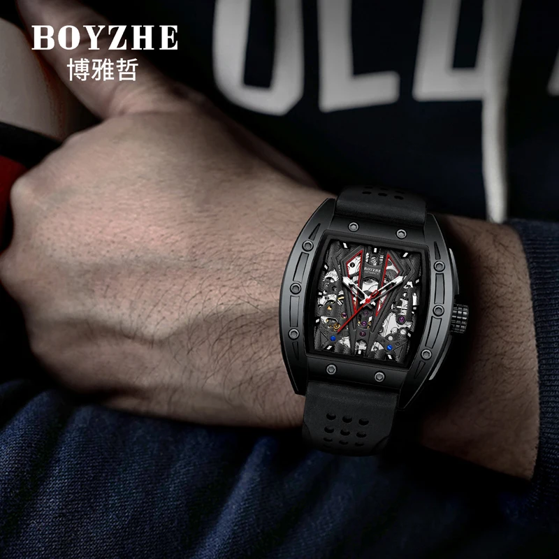 BOYZHE Mechanical Wristwatches Luxury Men Watches Business Silicone Strap Fashion Automatic Skeleton Watch Waterproof Male Clock