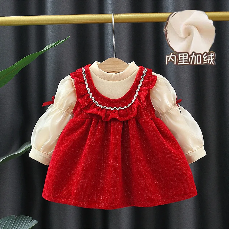 new autumn girl underwear clothes 2pc/set top+dress 80%cotton thin velvet children baby kids students red fashion 80-120 1-4year