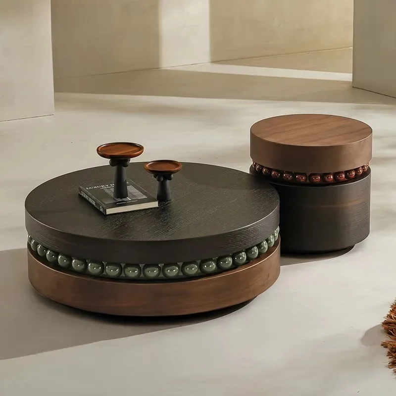 Customizable Luxury Round Nesting Coffee Table, Walnut Veneer Brushed Surface Side Table Set for Home Living Room Decor