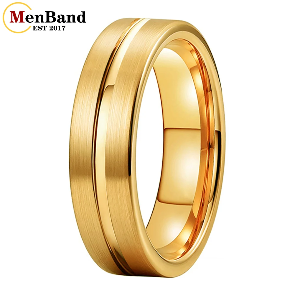 

MenBand 6mm Wedding Engagement Gold Tungsten Ring Flat Brushed Polishing Center Groove Comfortable Fit