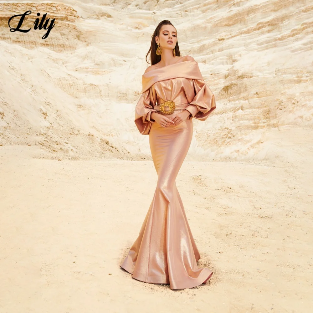 

Lily Rose Gold Elegant Prom Gown Off the Shoulder Three-Quarter Sleeves Prom Dress Pleated Chic Woman Evening Dresses Customized