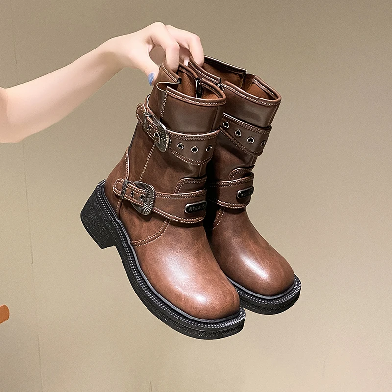 Autumn/Winter Boots Brown Vintage Maillard Knight Boots European Spice Biker Boots Chunky Heels Platform Belt Buckle Doc Martens