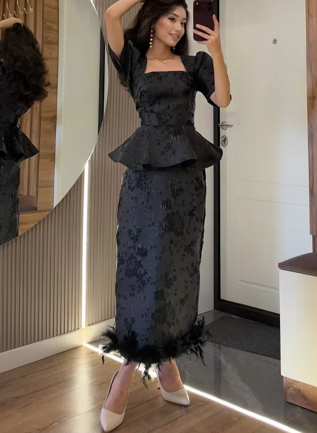 Lady Gold Floral Jacquard 2 Piece Set Puff Short Sleeve Square Neck Peplum Top Feather Hem Midi Skirt Sets Party Elegant Outfit