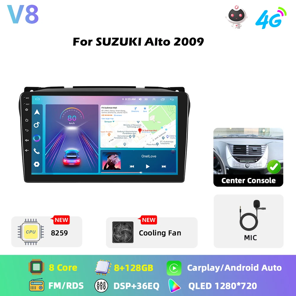Podofo 8-core Qualcomm Snapdragon 460 Android autoradio voor SUZUKI Alto 2009 met Carplay, Android Auto, GPS, FM, WiFi, RDS, 2-din autoradio