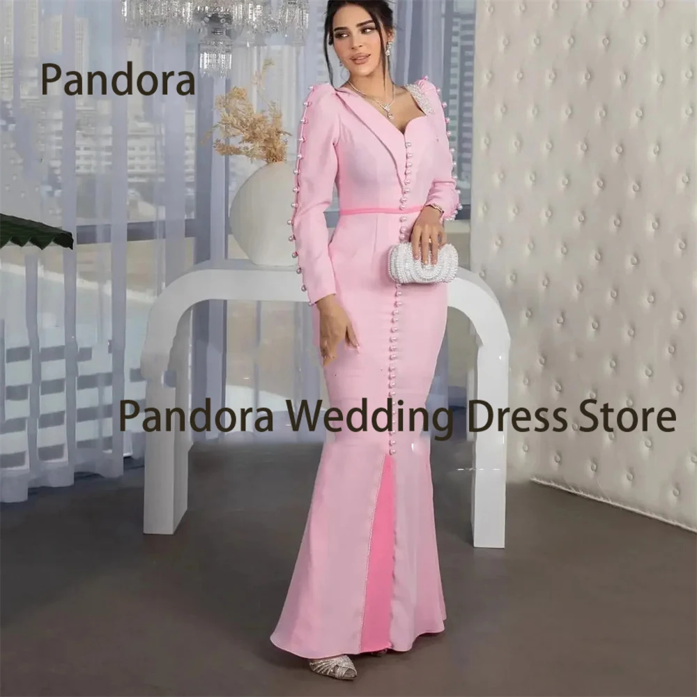 

Pandora Formal evening dress floor-length sleeve pearl square collar mermaid slit Saudi women's wedding birthday party ball gown