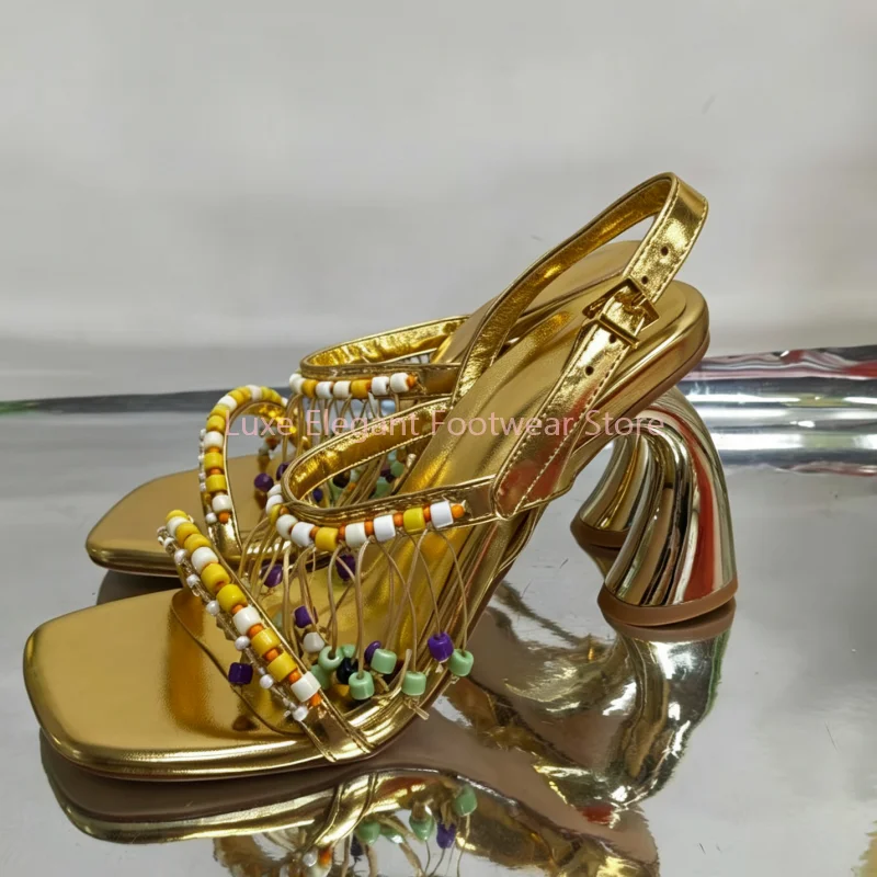 Gold Bead Tassel Square Open Toe Ankle Strap Sandals Women Fringe Decor Strange Style High Heels Fashion Trendy Dress Party Shoe