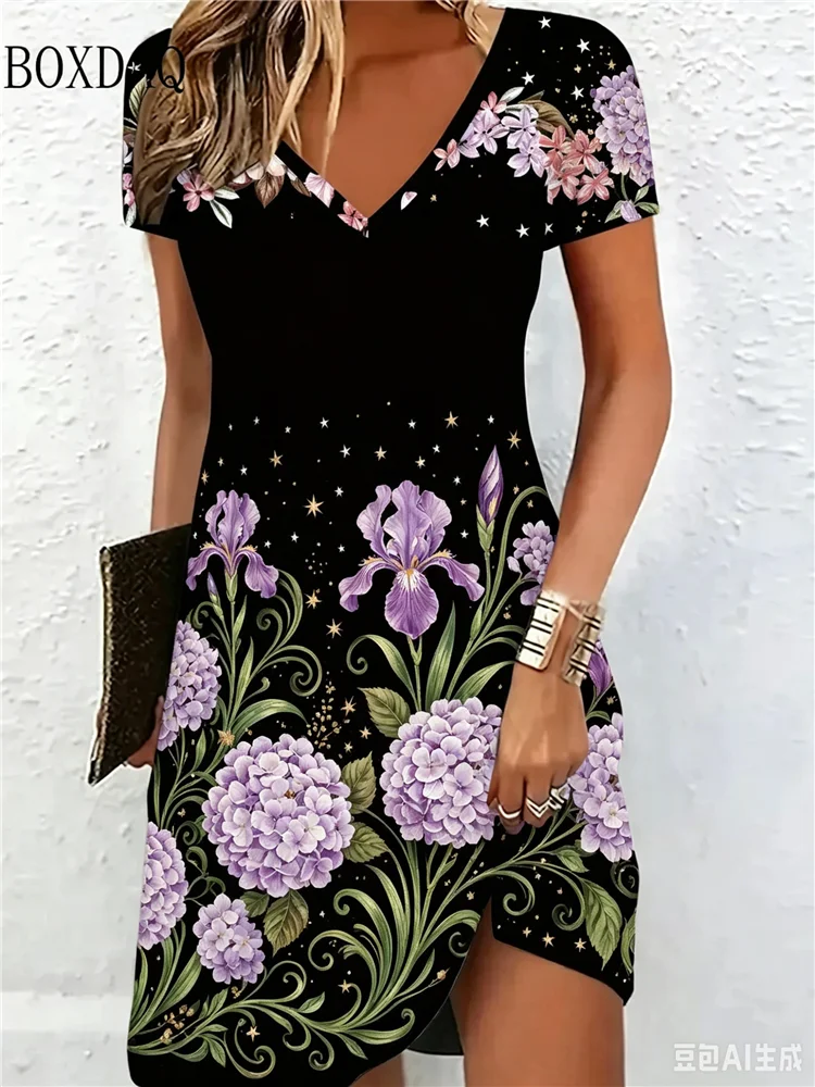 Summer Women's Short Sleeve Dresses Loose Plus Size V-Neck Dresses Beach Vacation Casual Dresses Floral Printed Women's Dresses